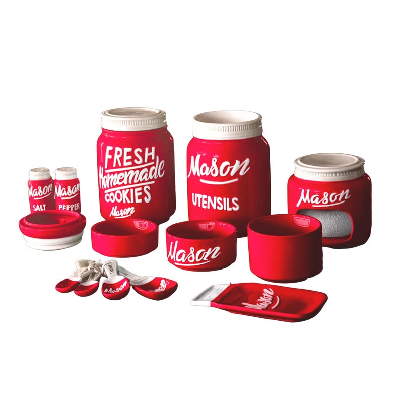 Goodscious Farmhouse Canisters Sets for the Kitchen - Mason Jar Ceramic Kitchen Utensil Holder, Spoon Rest, Cute Cookie Jar, Salt & Pepper Shaker Sets, Sponge Holder, Measuring Cups & Spoons (Red, 17-Pc Bundle) - Image 1